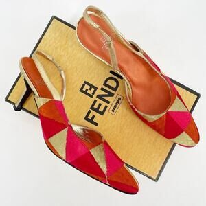 Vintage Fendi Nappa Lamé Metallic Multicolor Geometric Slingback Pump Heel US 8